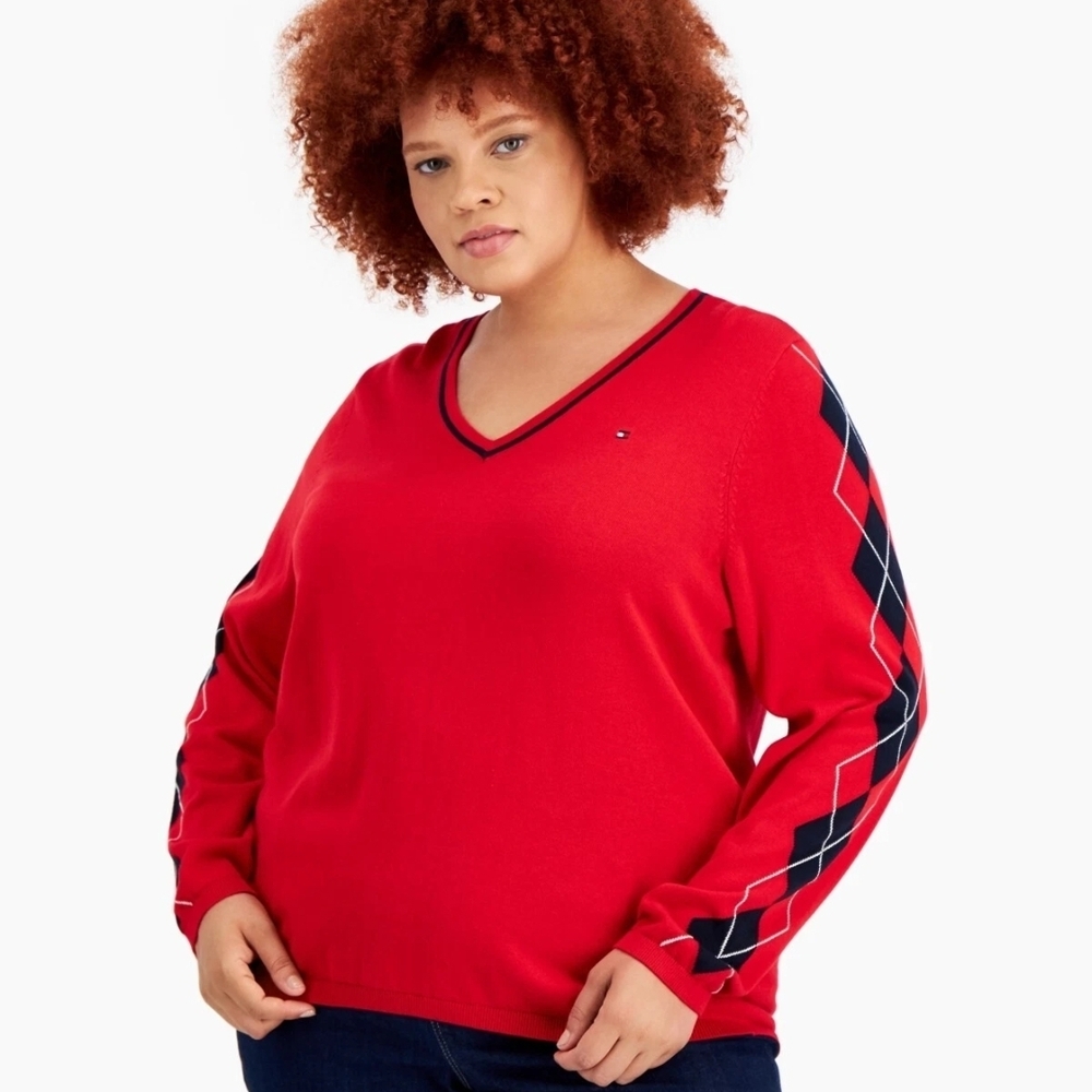 Tommy Hilfiger Women's Red V-Neck Sweater with Argyle Sleeves